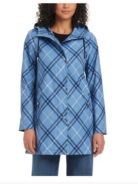 Kate Spade Timeless Bias Light Blue Plaid Hooded Raincoat Jacket, NWT, size S